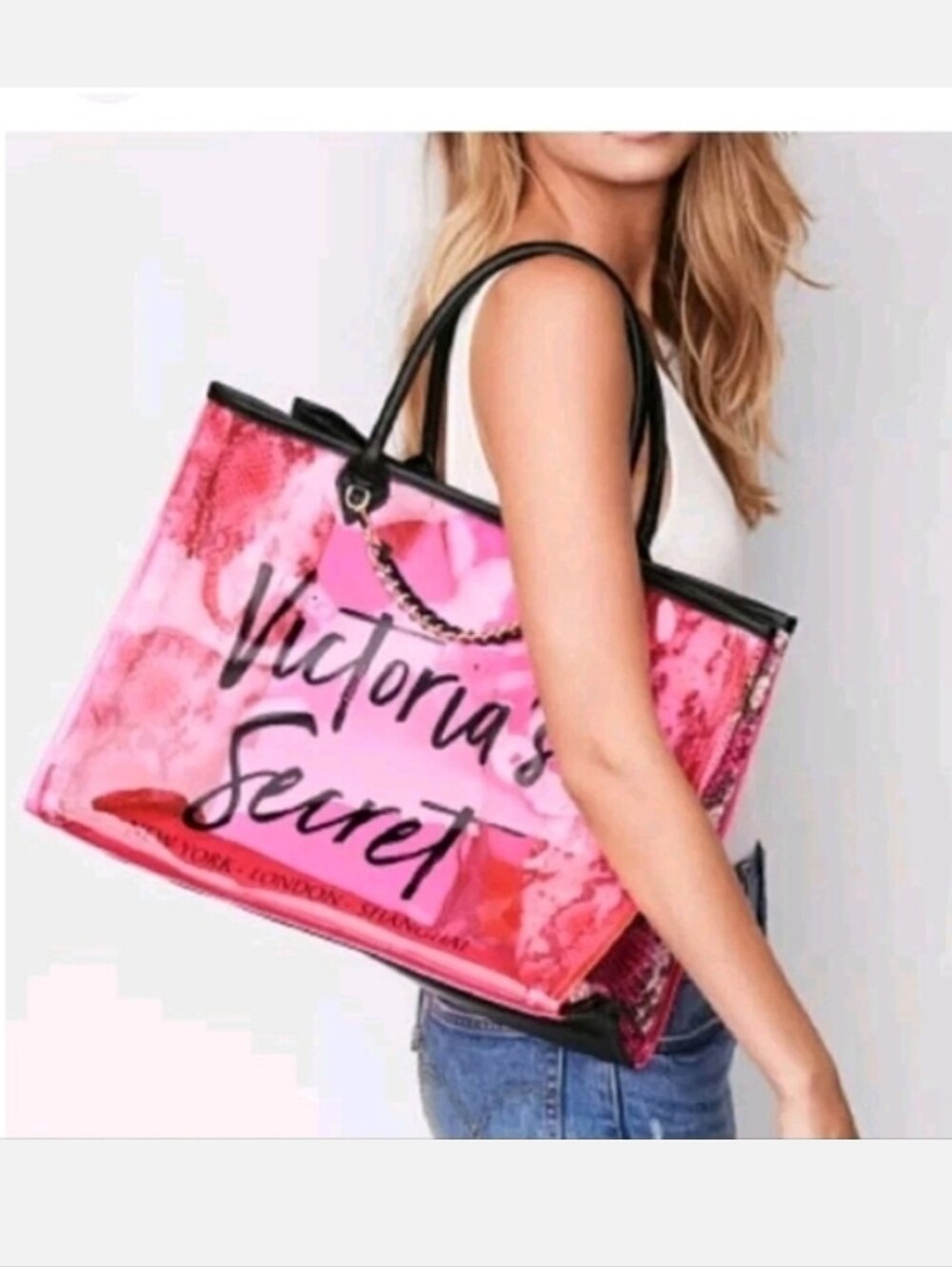 Victorias Secret Snake Python Transparent Clear Pink Plastic Tote Waterproof NWT